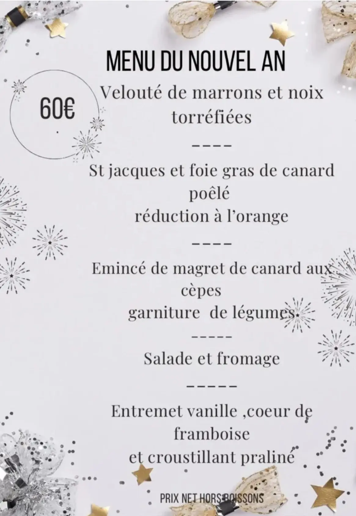 Menu réveillon Hôtel des voyageurs