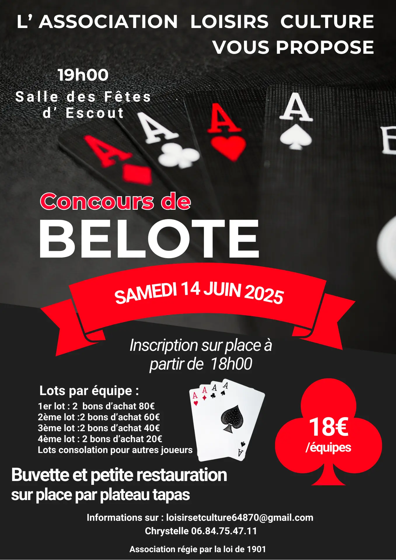 Affiche Évènement Concours de Belote Moderne Illustré Noir Rouge - 1