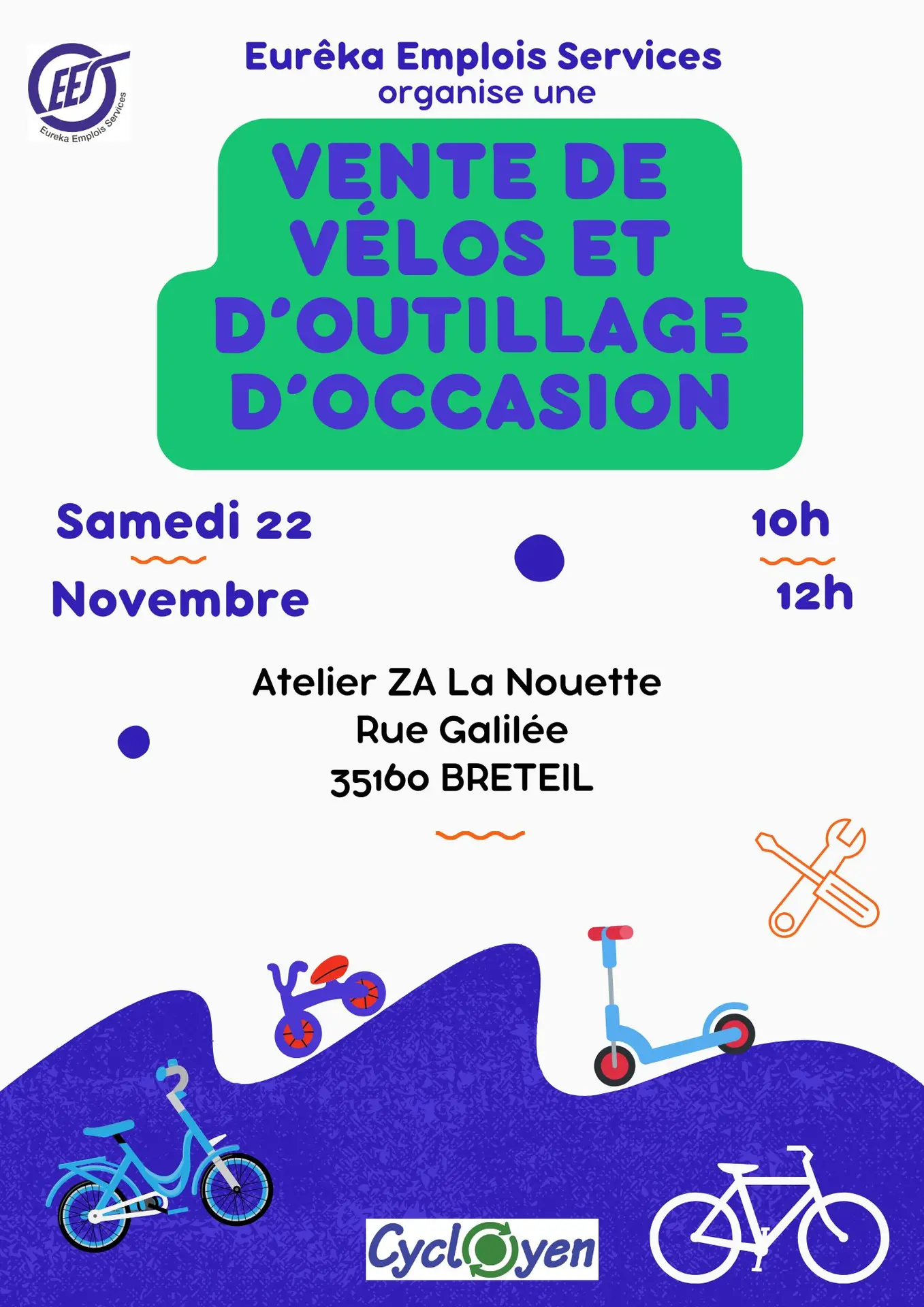Affiche vente de vélo et outillage