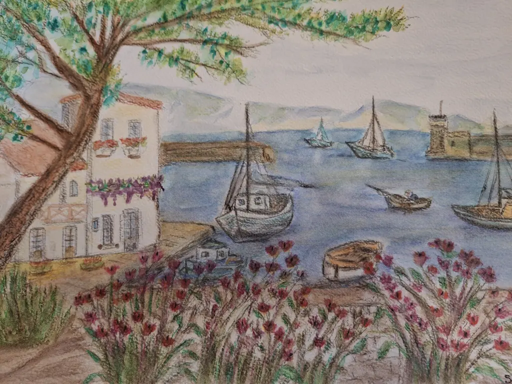 Port leucate : aquarelle, crayon aquarellable