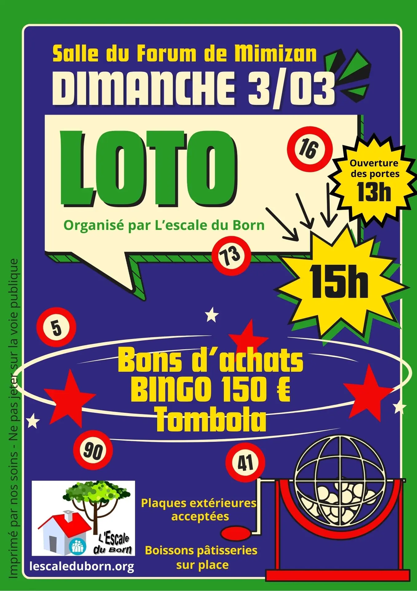 Bleu marine Vert Jaune Noir Beige Coloré Illustrations Rétro Evènement Soirée loto bingo Affiche Poster - 2
