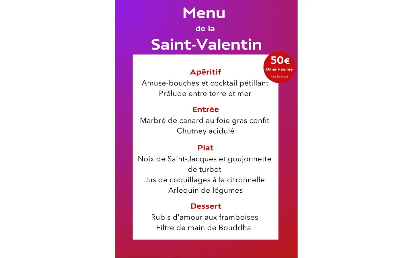 Soirée de la Saint-Valentin Menu