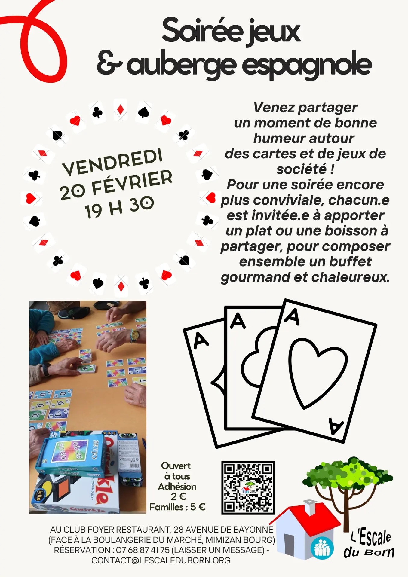 Flyer Annonce Evènement Atelier Cuisine Végétale Bio Restaurant Photos Moderne Rond Vert  - soirée belote & jeux société20 février 2026