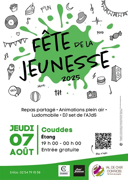 Peut être une image de _texte qui dit ’_FUN FOOD 8 FÉTE DELA JEYNESSE S Mυεκ 2025 سیت TALK Repas partagé· Animations plein air· Ludomobile DJ set de l'AJdS JEUDI 07 AOÔT Couddes Étang 19 19h00-00h00 00- -0