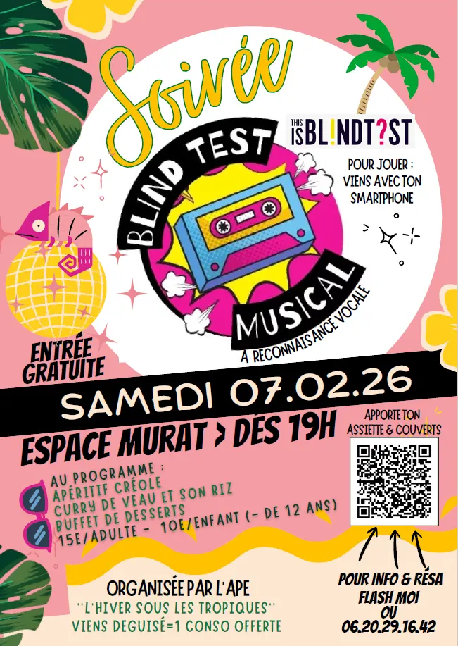 02 - 7 février - Affiche oirée Beach Party DJ Musique Fleur Moderne Tropical Rose Jaune