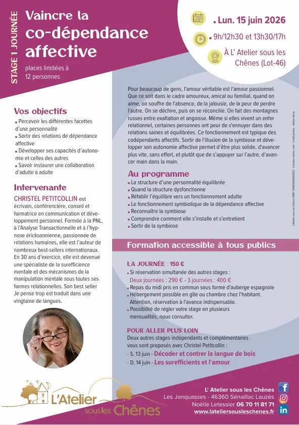 06 - 15 juin - Vaincre la co-dépendance affective - Atelier sous les Chênes 2