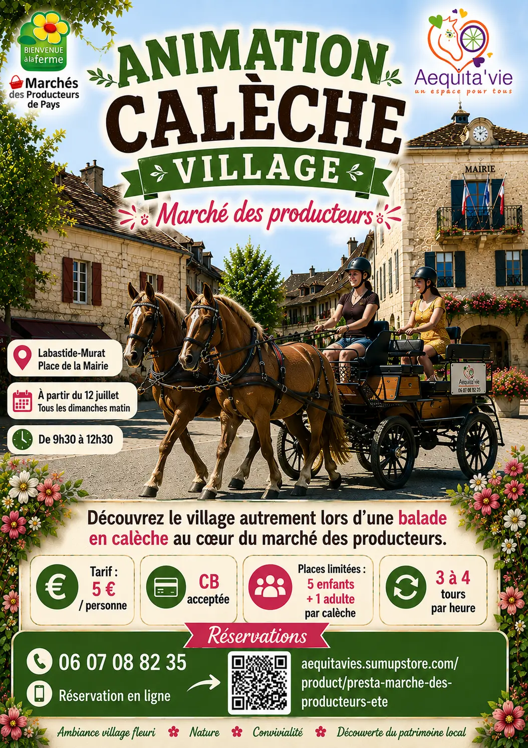 Animation calèche Aequitavie - marché des producteurs Labastide-Murat - été 2026
