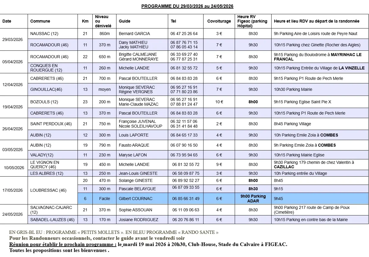 programme du 29/03 au 24/05