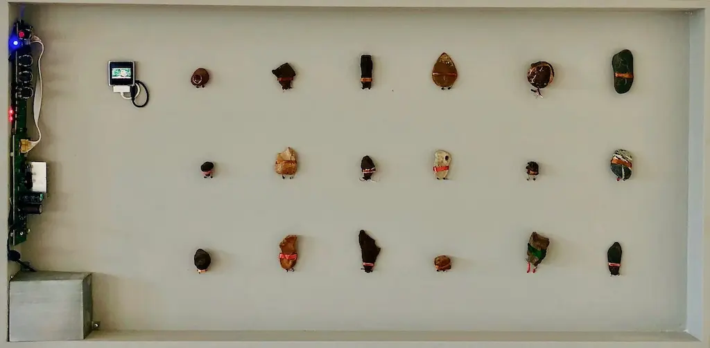 Supers Cailloux - Installation sonore, 2022, 110X55X5cm, lecteur vidéo, collecti