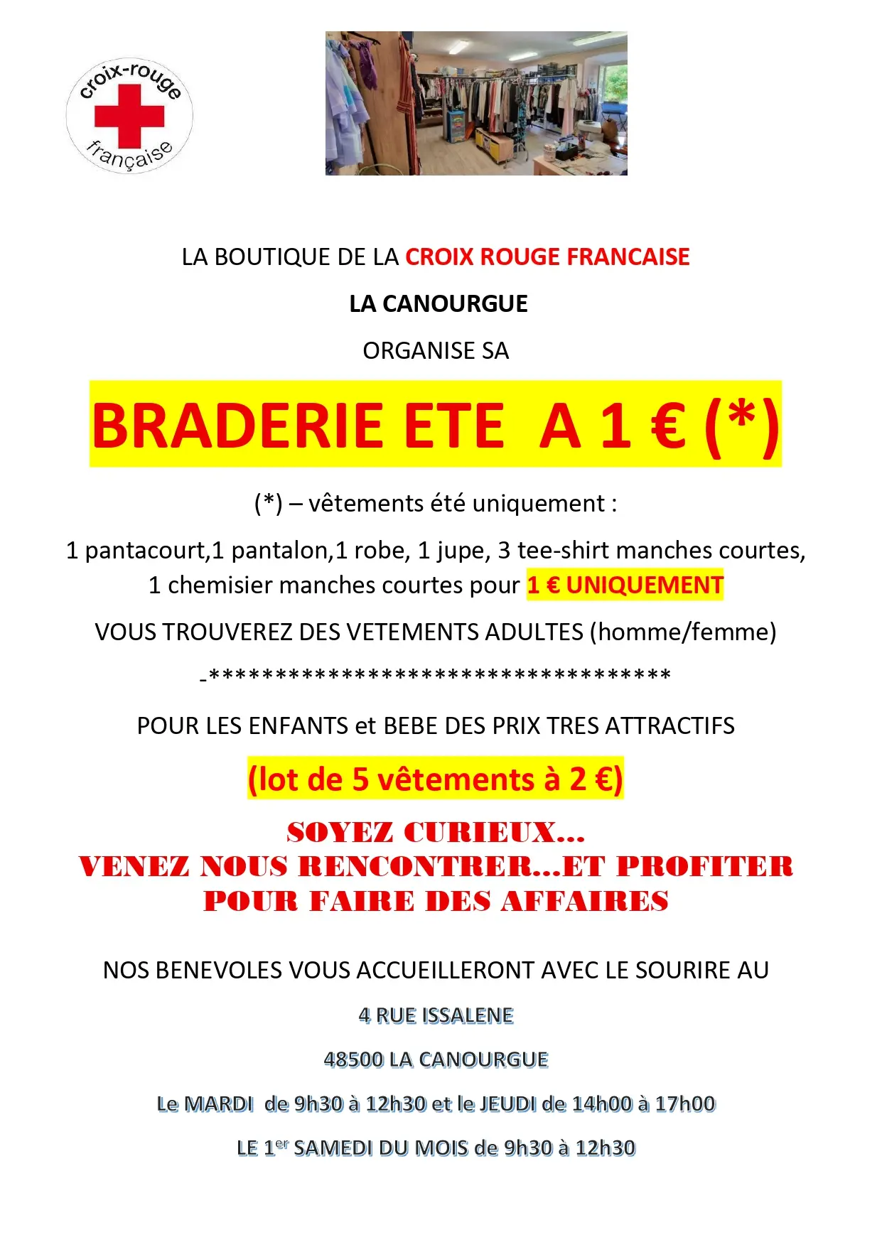 BRADERIE VETEMENTS ETE LA CROIX ROUGE LA CANOURGUE