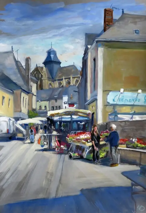 gouache marché evron sur papier paint on gris 30 40 2025