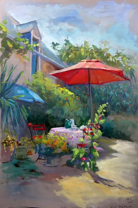 gouache le parasol rouge paint on beige 30 40 2024