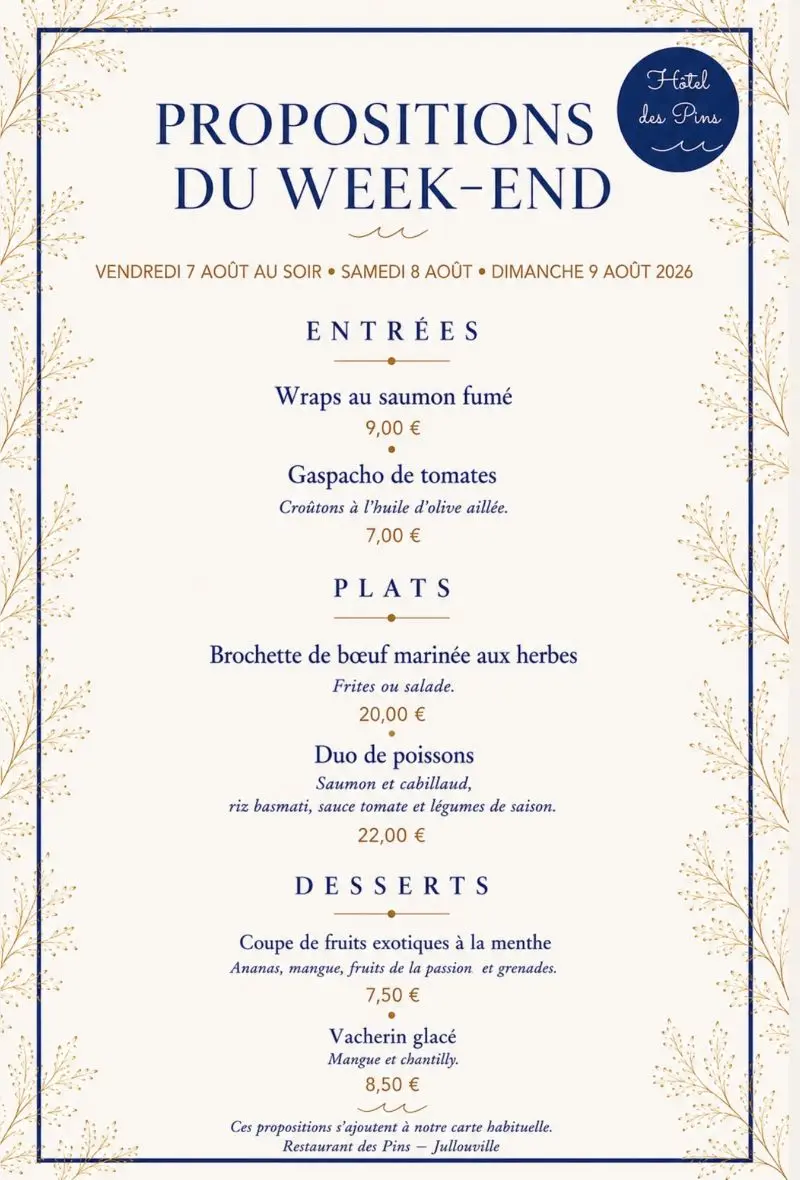 2026 - août - Menu restaurant des Pins