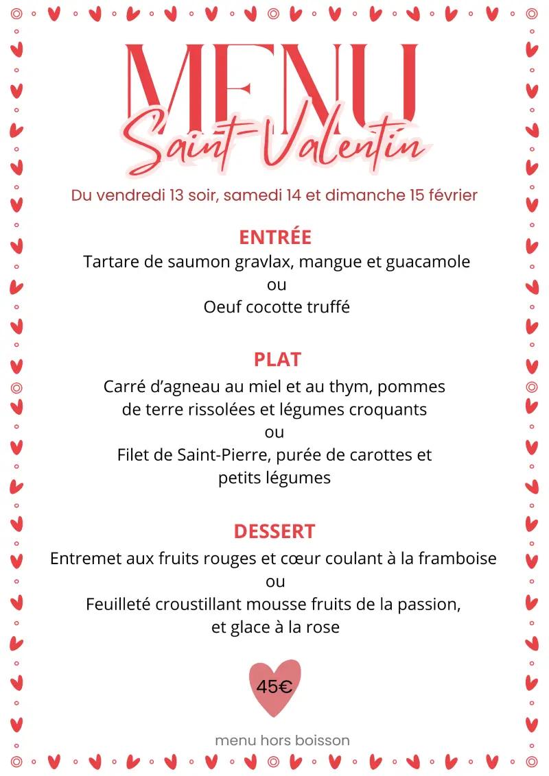 2026 - menu Saint Valentin Restaurant des Pins Jullouville