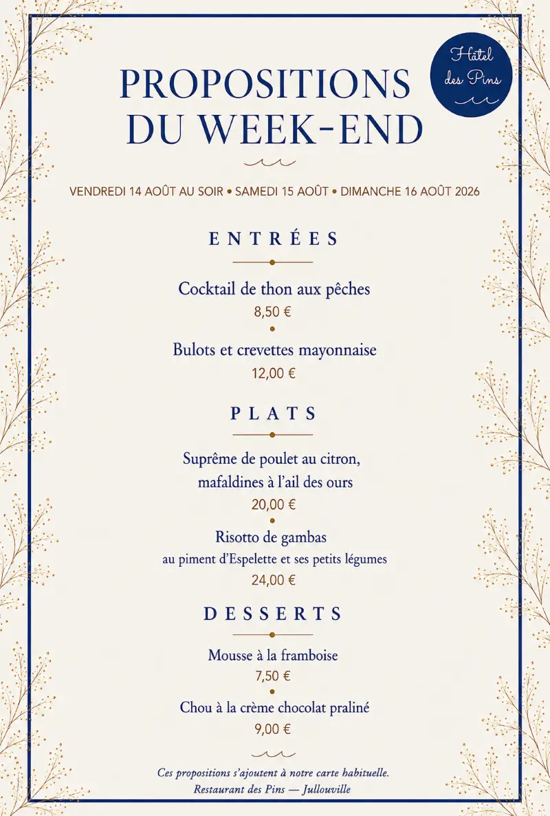 2026 - menu restaurant les pins
