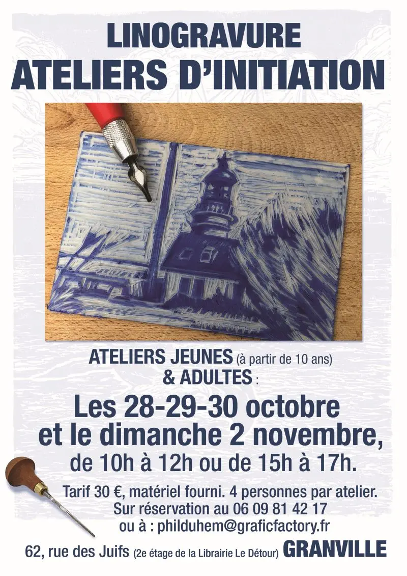 Linogravure Ateliers initiation Grafic Factory Philippe Duhem Granville 2025
