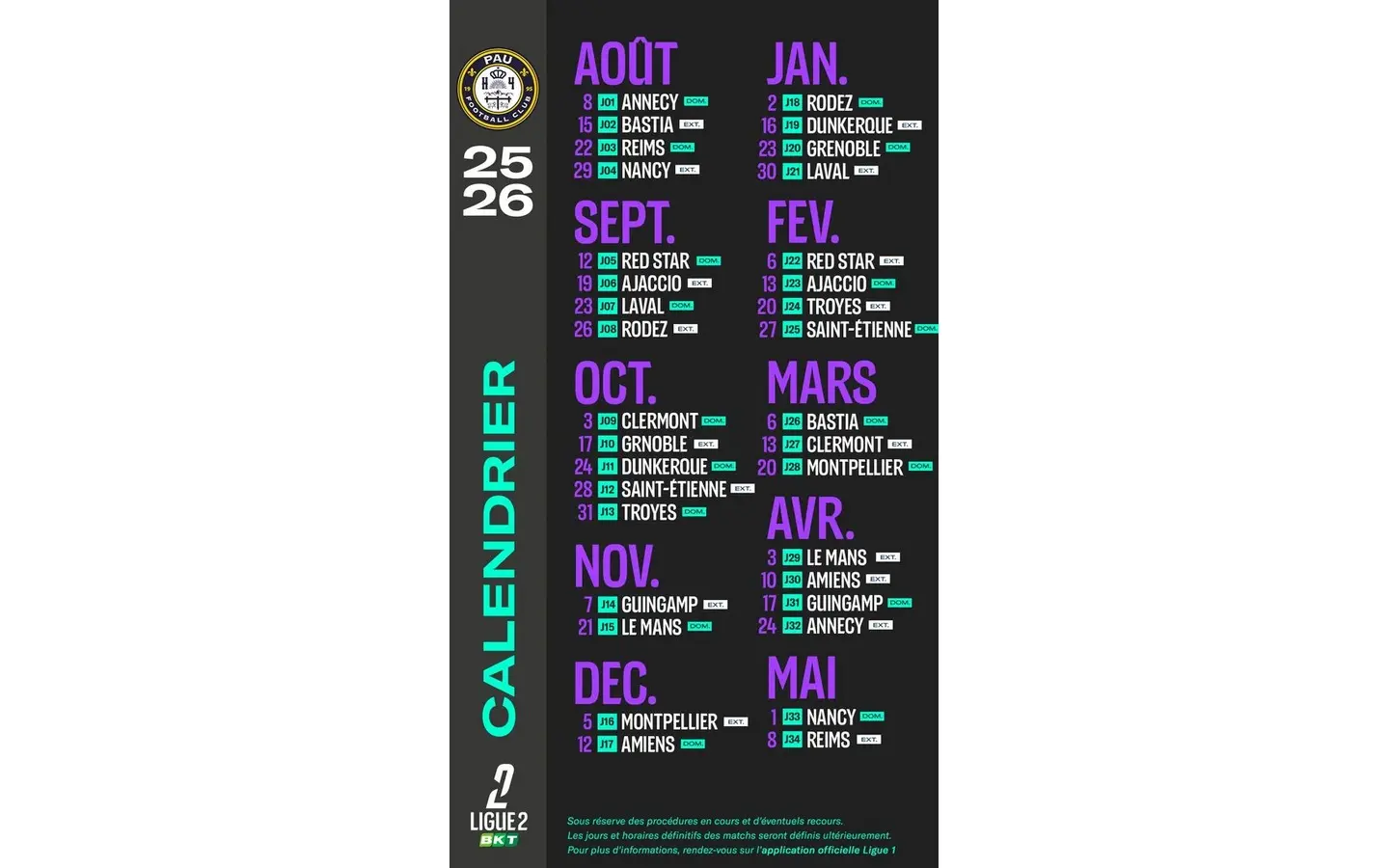 calendrier pau fc 25 26