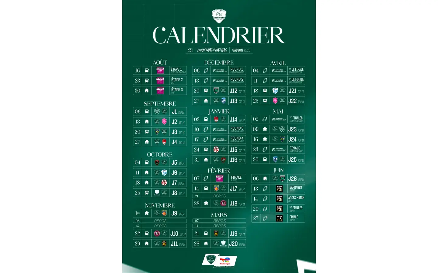 calendrier top 14