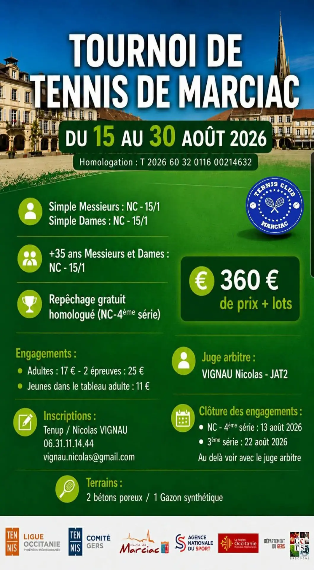 Tournoi tennis Marciac 2026