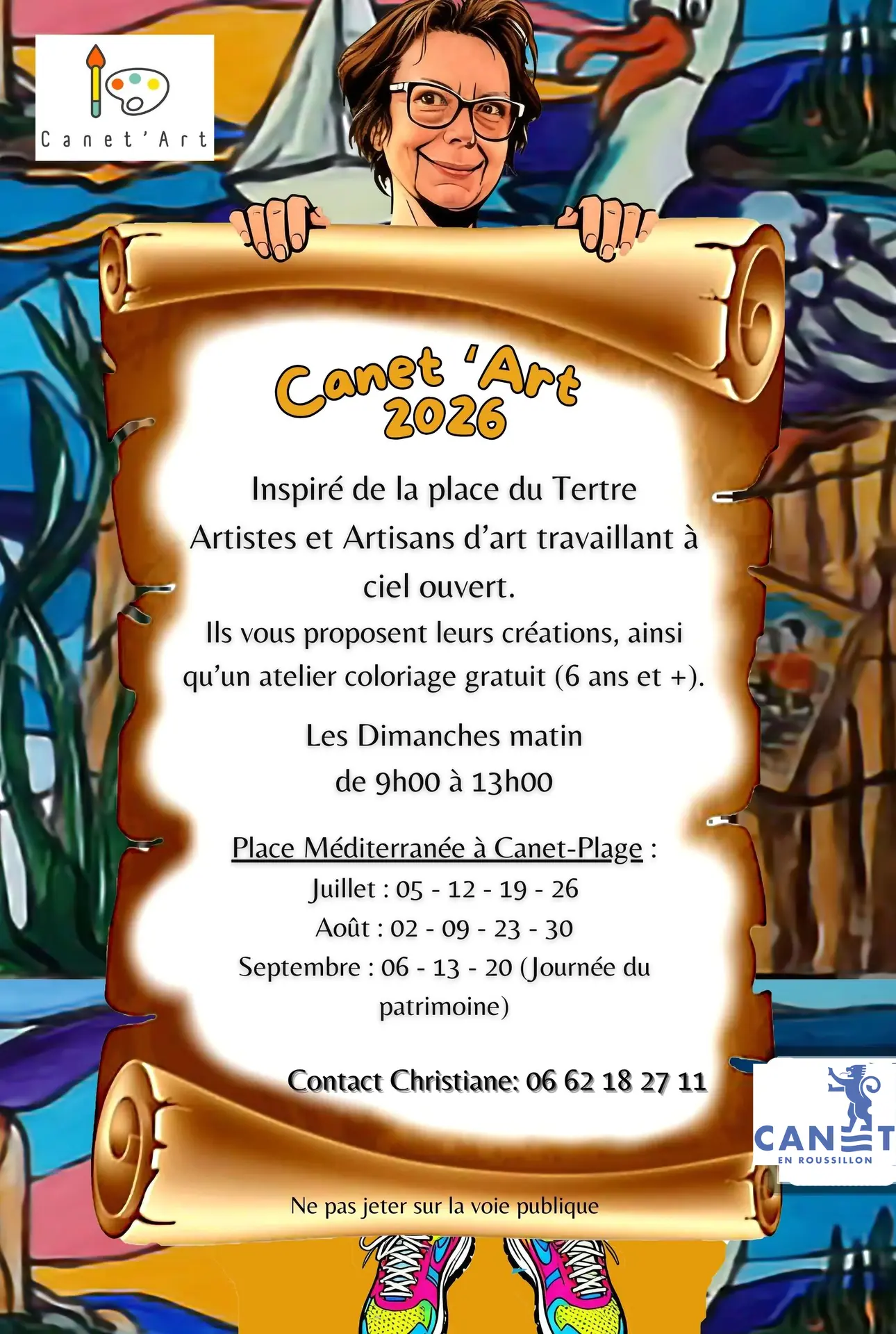 Inspiré de la place du Tertre Artistes et Artisans d’art travaillant à ciel ouvert, vous proposent leurs créations, ainsi qu’un atelier coloriage gratuit (6 ans et +). Les Dimanches matin de 9h00 à 12h00 Place Méditerranée à Canet-Plage : Juillet : 20-27