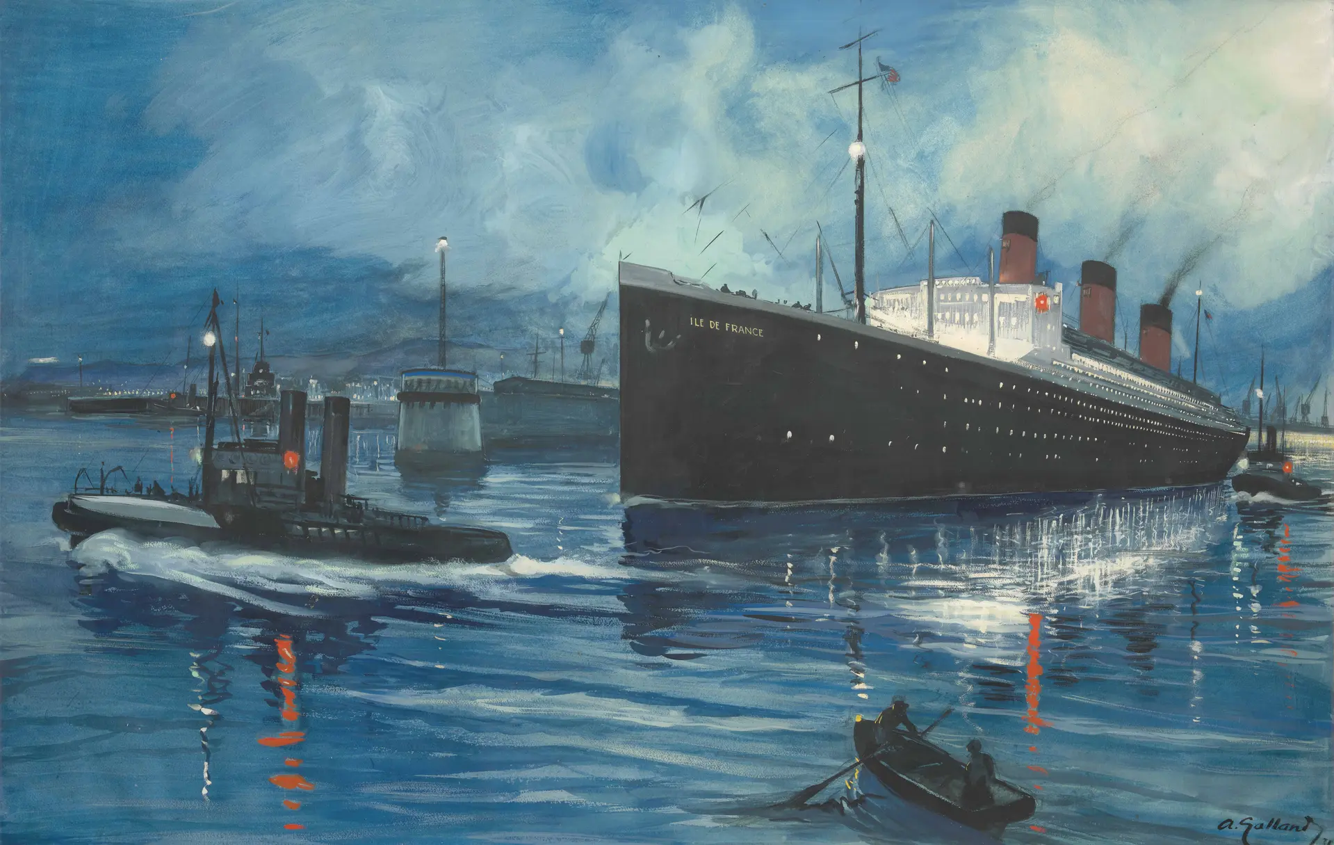 André GALLAND, Ile de France sortant du Port du Havre, 1931, gouache, 70,5 x 112