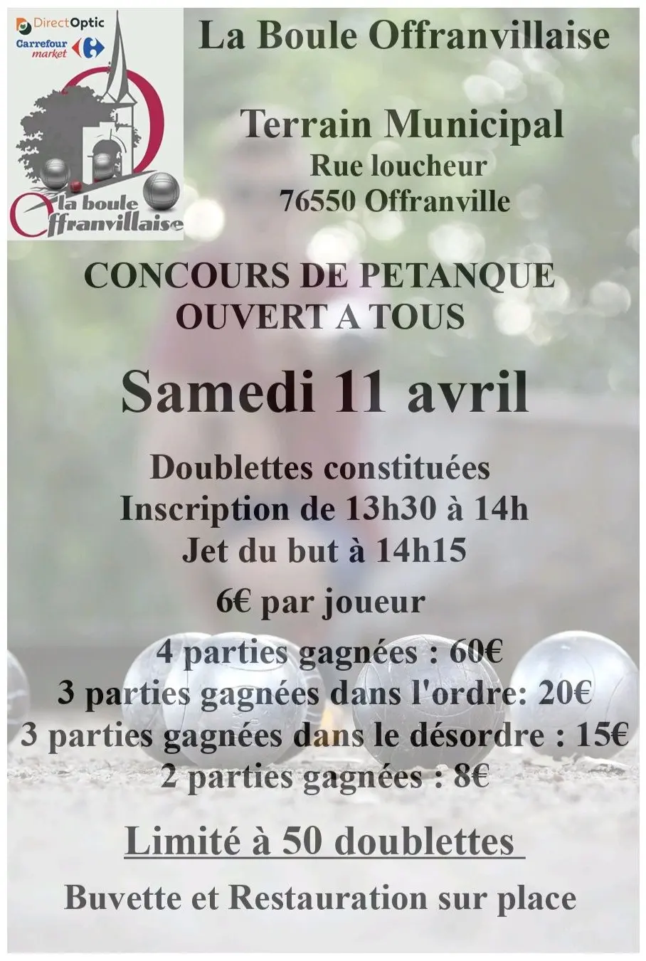 Affiche concours de pétanque à Offranville du 11 avril 2026