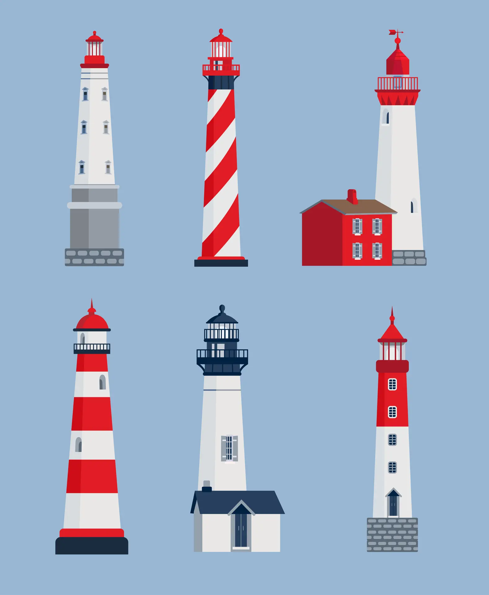 Different lighthouses vector illustrations set