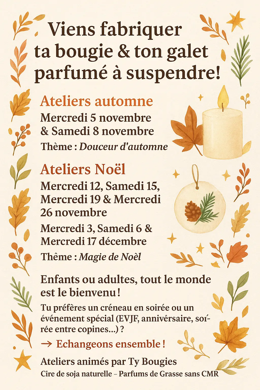 🍁 Ateliers bougies & galets parfumés – Spécial automne & Noël 🎄
