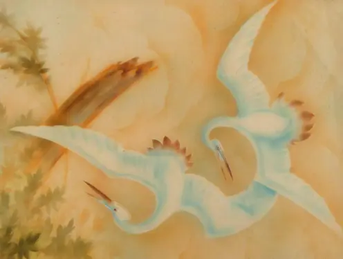 Grues_pochoir avec rehauts de gouache_années 1930_pour envoi