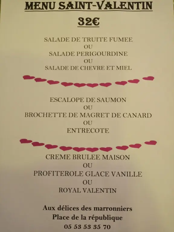 14 février st astier menu st valentin resto aux délices des marronniers