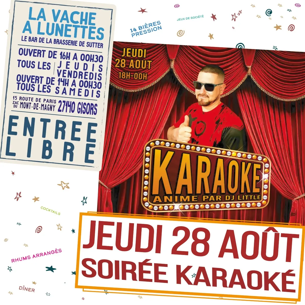 Soirée karaoké La Vache à Lunettes Gisors 28 08 25