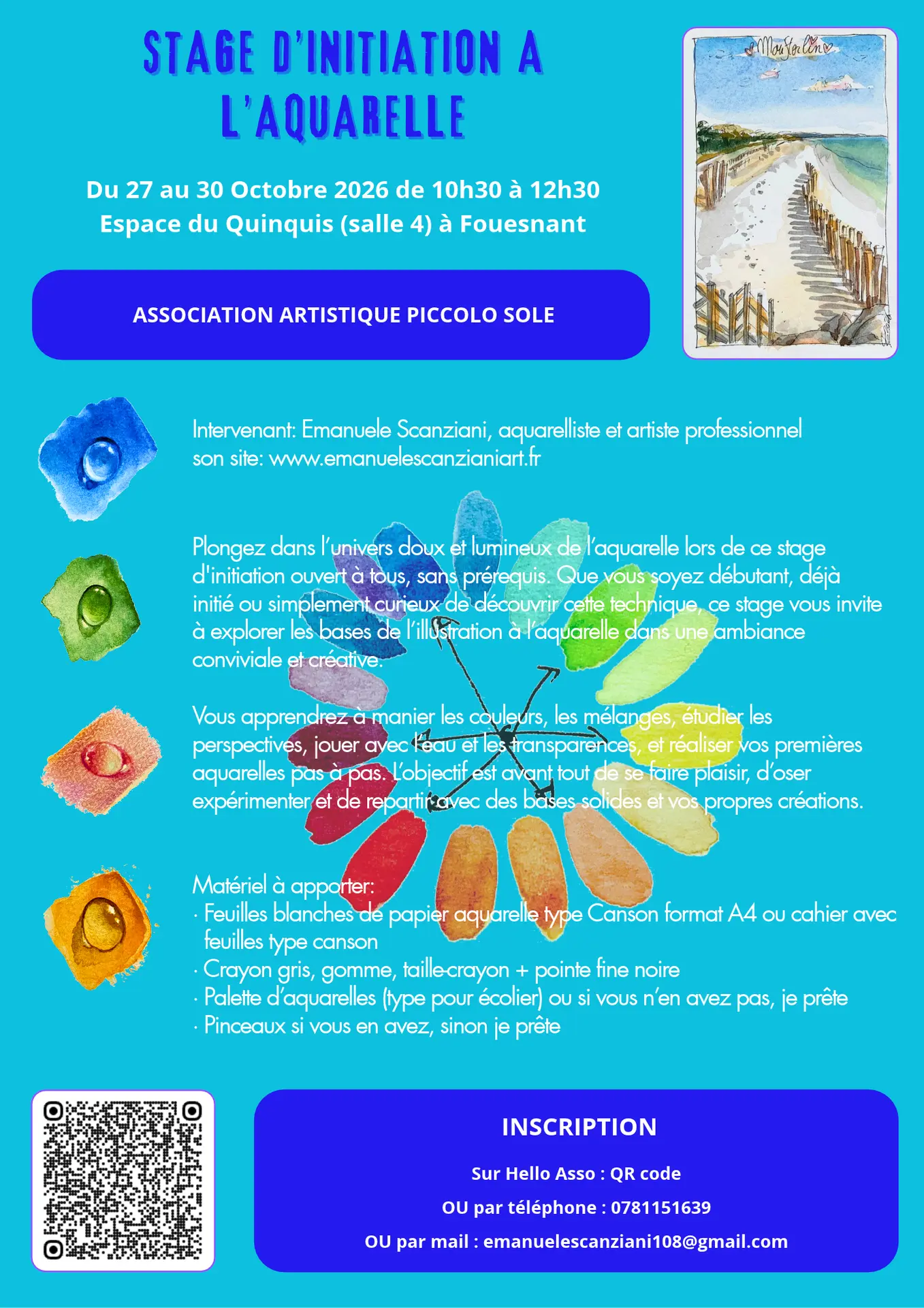 Affiche stage aquarelle 27 au 30 octobre 2026