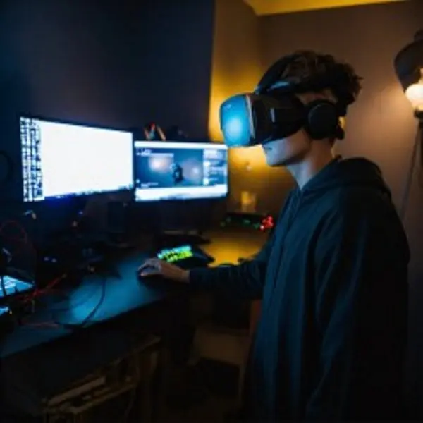 A photo of a person wearing a VR headset. The pers_0