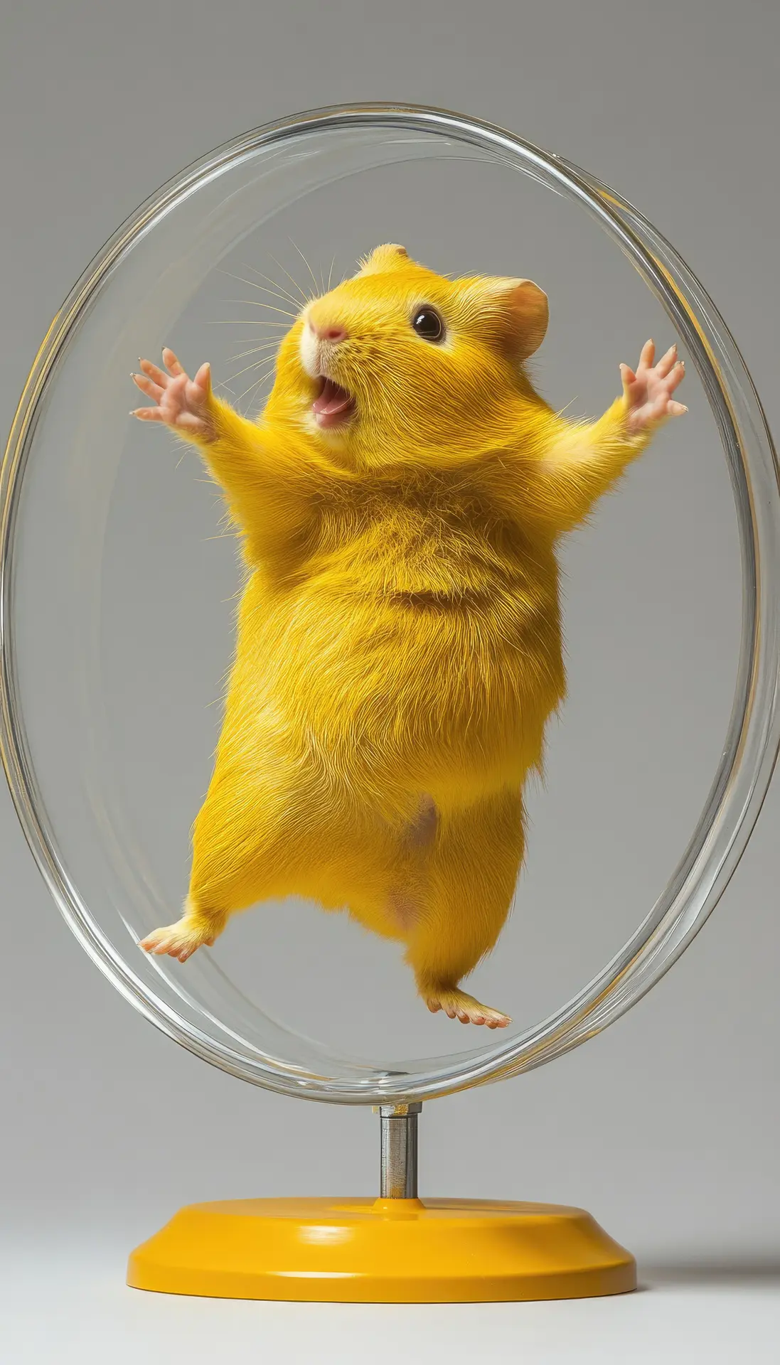 A playful yellow hamster appears to be running in a wheel-like structure.