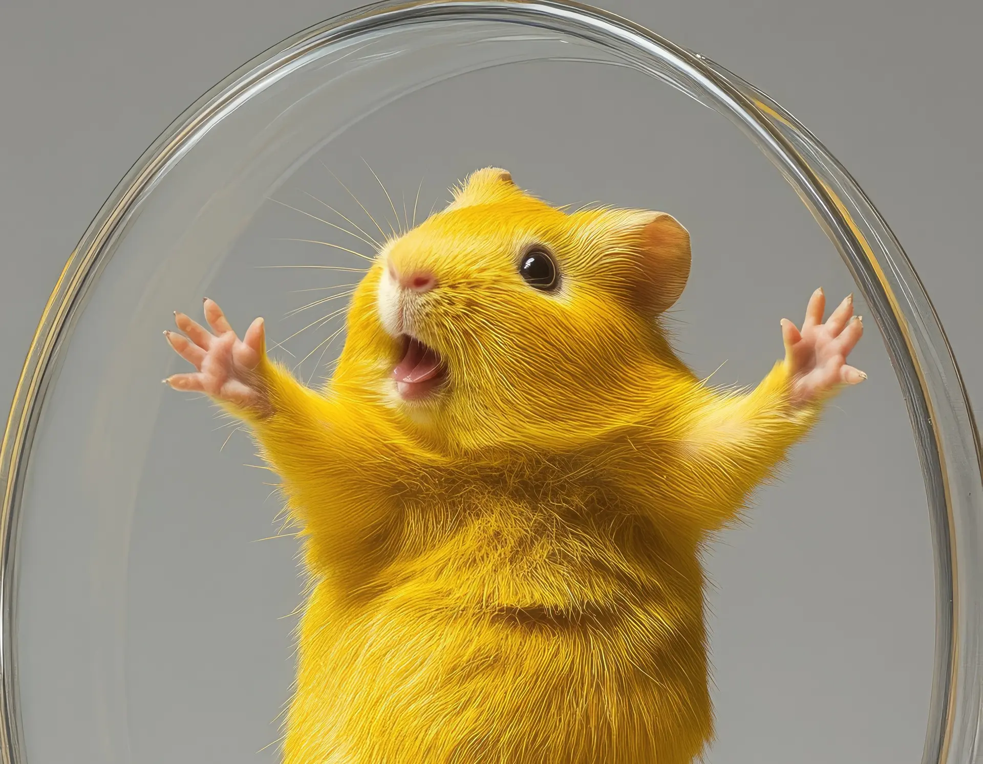 A playful yellow hamster appears to be running in a wheel-like structure.