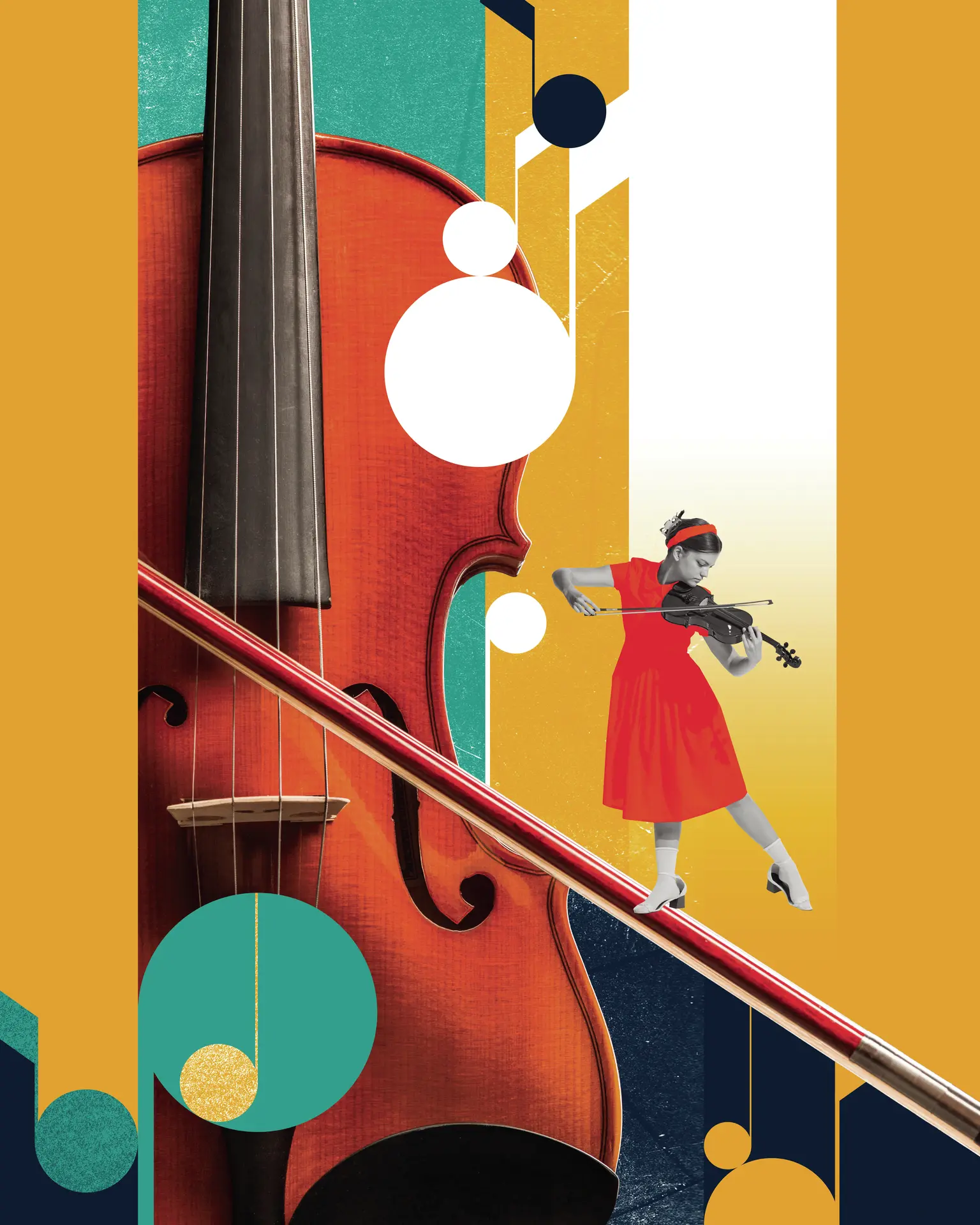 Young talented girl playing tender music with violin over abstract colorful background with music instrument. Contemporary art collage.