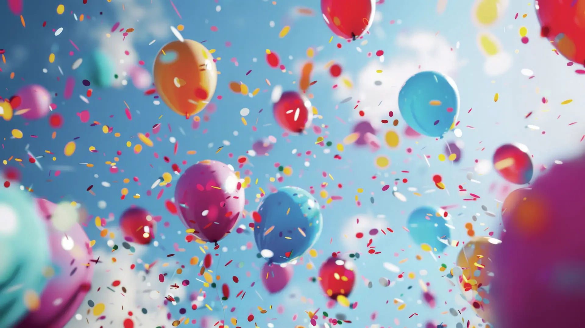 A vibrant array of balloons drifts high against a bright blue sky, while colorful confetti bursts around them, capturing the essence of a joyful celebration