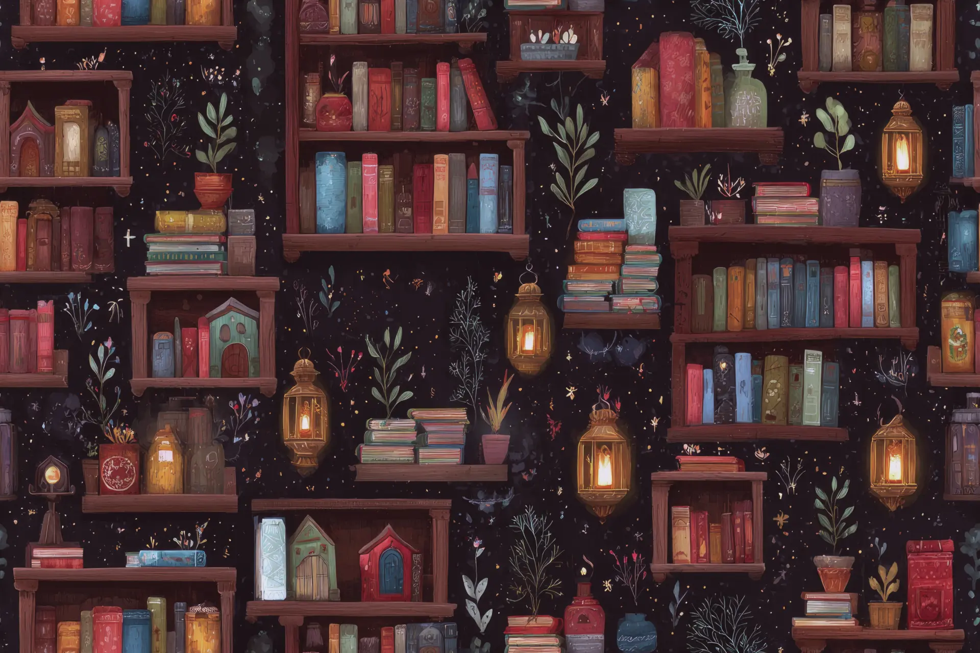 Fabric texture seamless pattern background Tiny Bookstore Magic Mini bookshelves with floating books and enchanted reading nooks