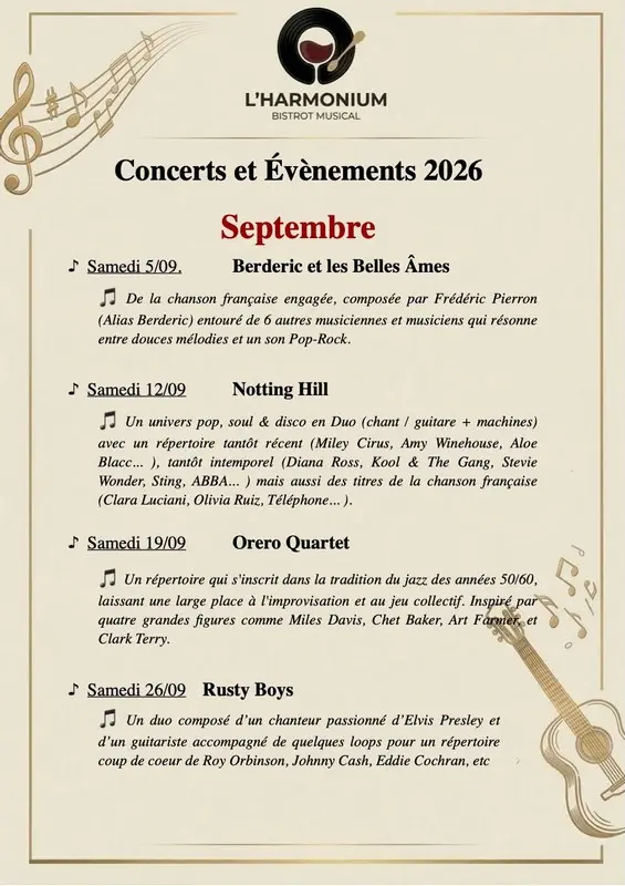Concerts et évènements de septembre Harmonium Véretz