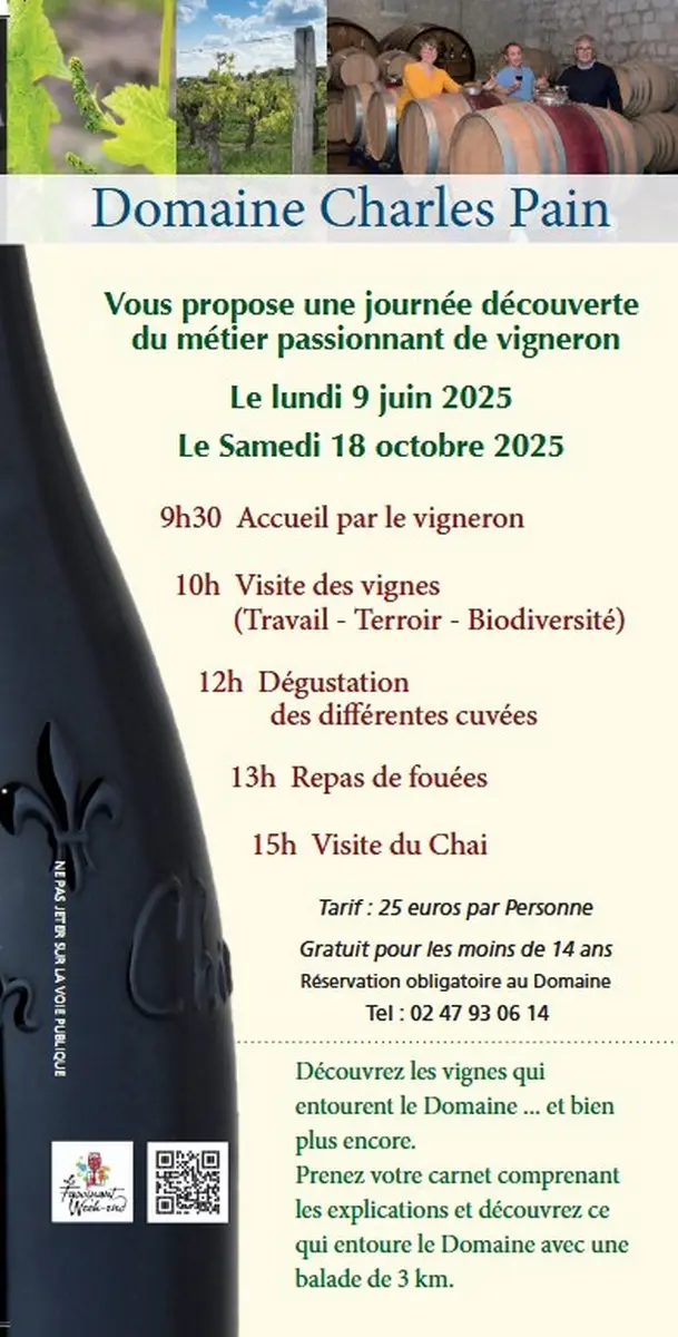 Journée découverte métier vigneron Domaine Charles Pain Panzoult 9 juin et 18 octobre 2025