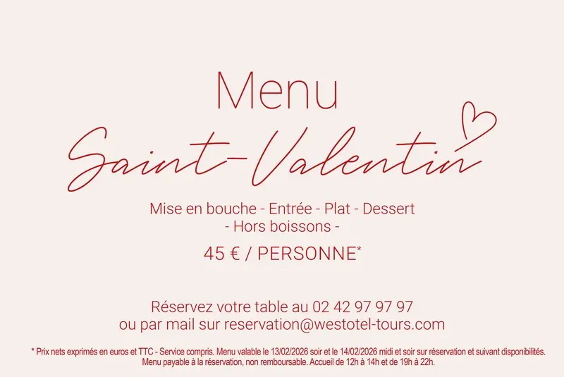 Menu Saint-Valentin Westotel Tours