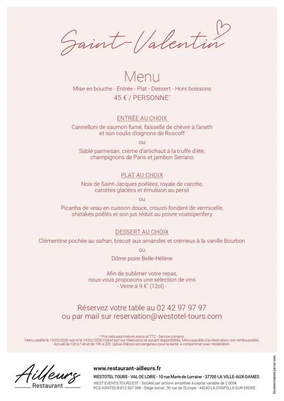 Westotel Menu St Valentin