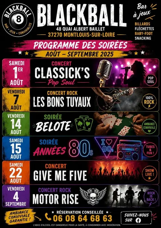 Programme des animations du Blackball Bar à Montlouis