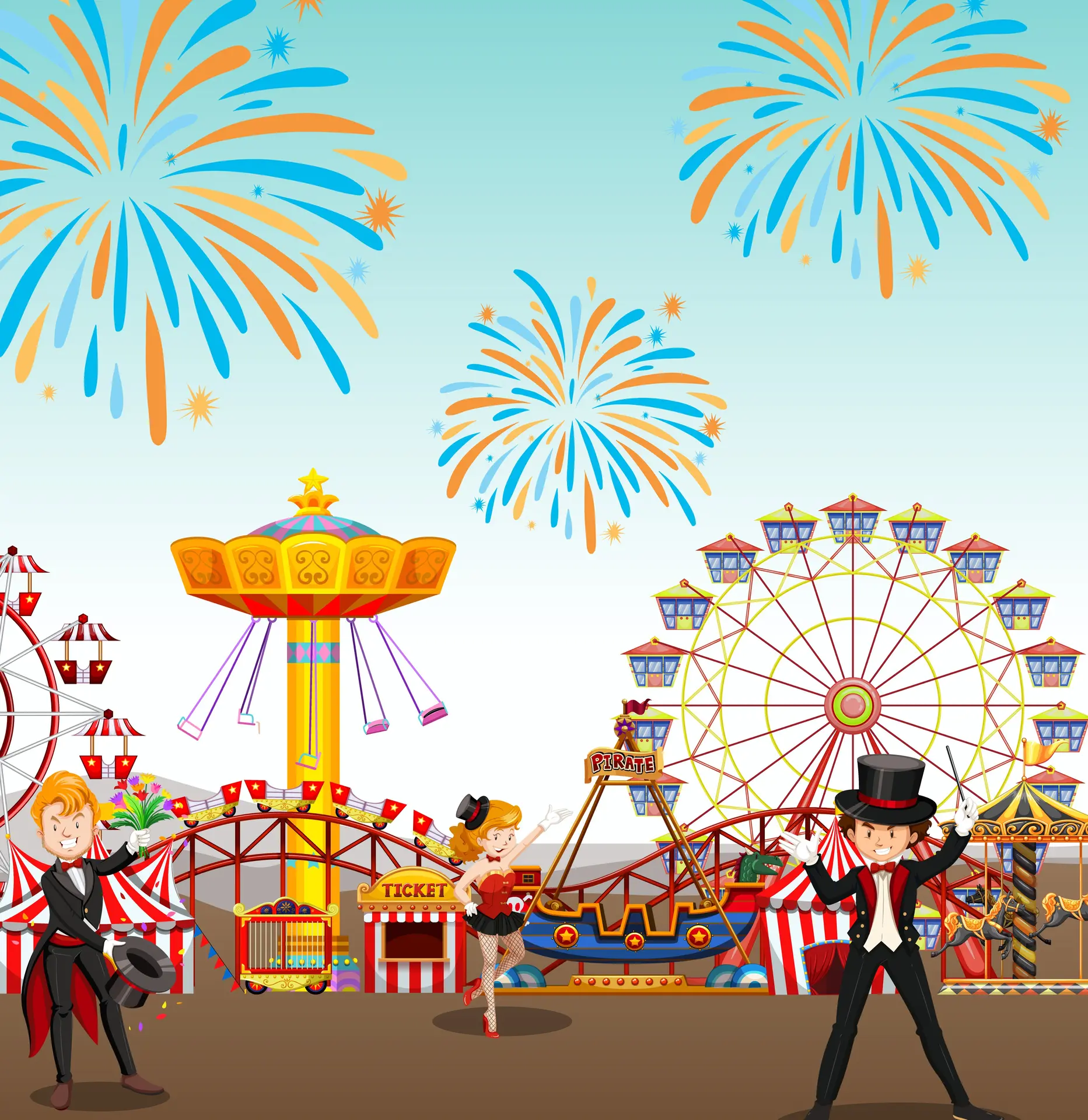 Amusement park with circus and ferris wheel and fire work background