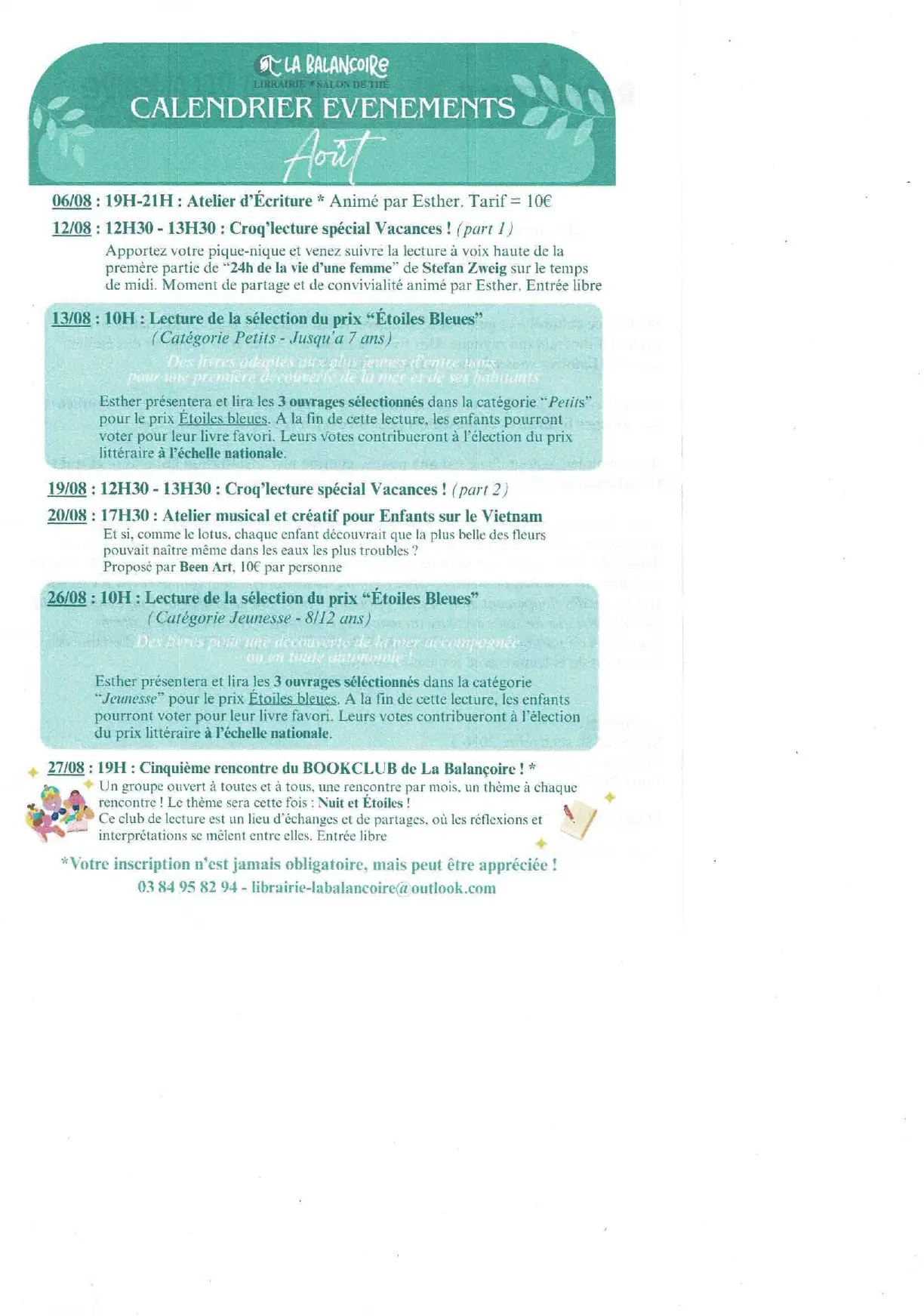 Calendrier événements La Balançoire Août 2026