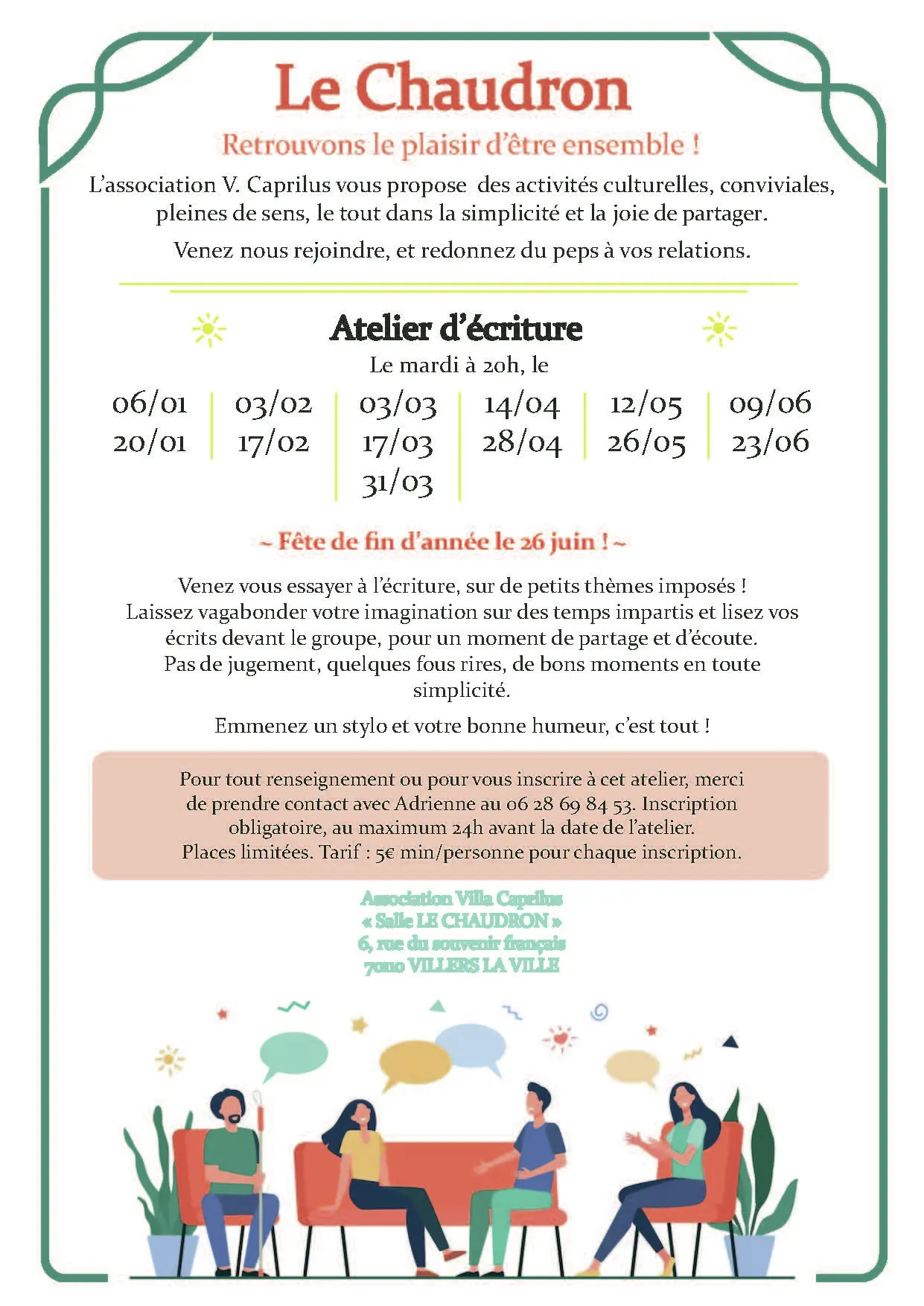 Affiche atelier écriture LE CHAUDRON janvier à juin