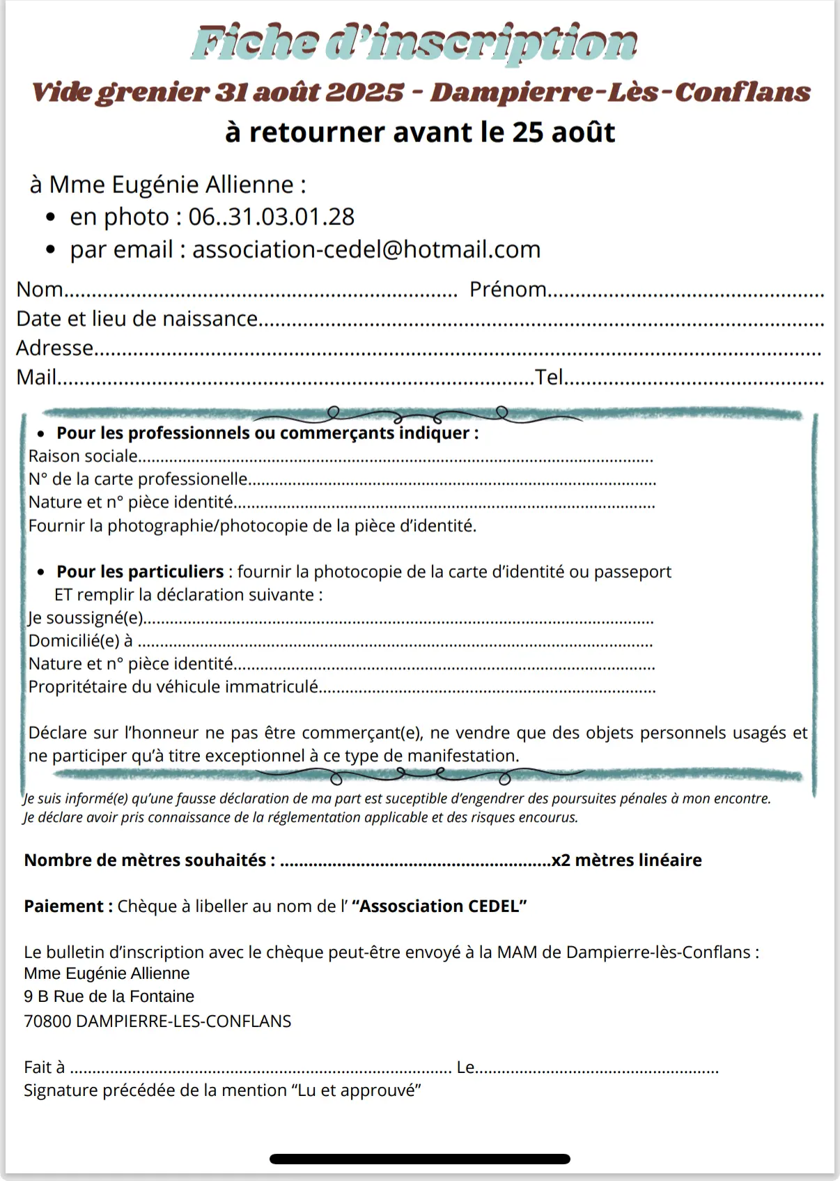 Flyer vide grenier 31 août 2025 inscription