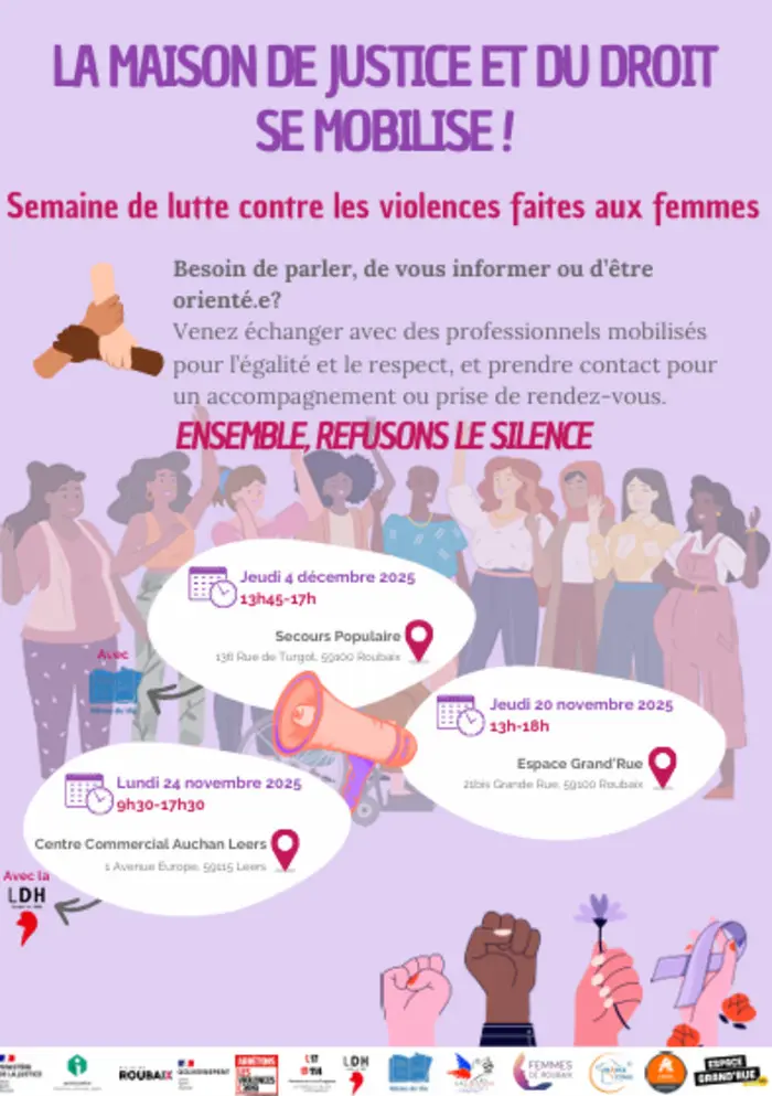 Maison de Justice et du Droit de Roubaix

Semaine de novembre centré sur la lutte contre les violences faites aux femmes 2025
« LA MJD se MOBILISE ! »_1