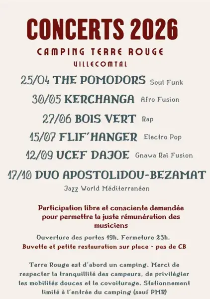 Programmation Concerts 2026 - Camping Terre Rouge
