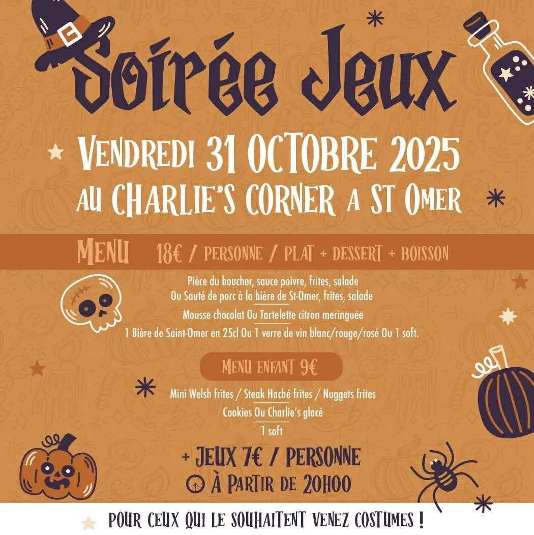 Le 31 octobre, soirée dîner-jeux d'Halloween au Charlie's Corner